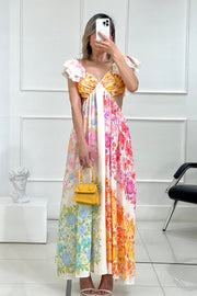 BLOOMING BEAUTY MULTICOLOR FLORAL FRILL CUTOUT BACK TIE-UP MAXI DRESS