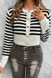 Women's Front Button Long Sleeve Simple Casual Striped Cardigan