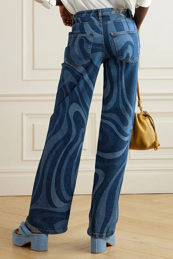 Jaida Swirl Unique Print High Rise Pocket Straight-leg Jeans