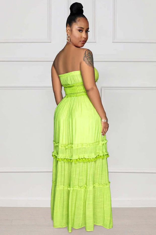 CORSET STRAPLESS TIERED RUFFLED A-LINE PLEATED VACATION MAXI DRESSES [PRE ORDER]