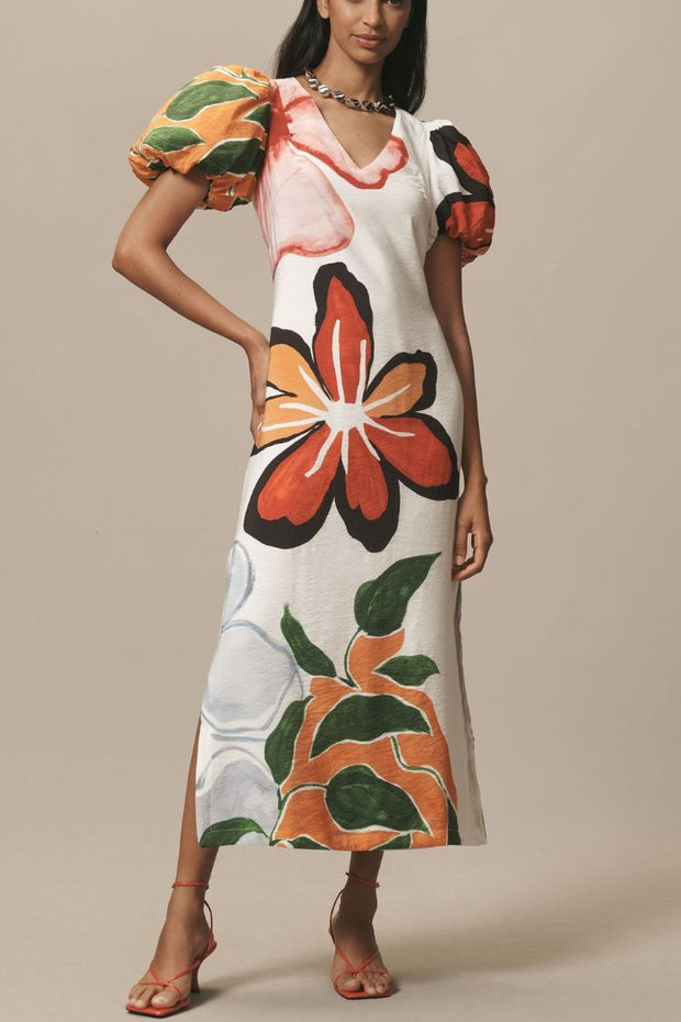 Summer Gala Floral Print Puff-Sleeve A-Line Slit Maxi Dress