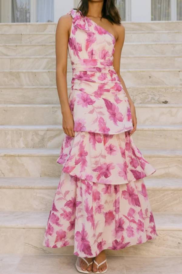 Floral One Shoulder Bow Tiered Cake Dress