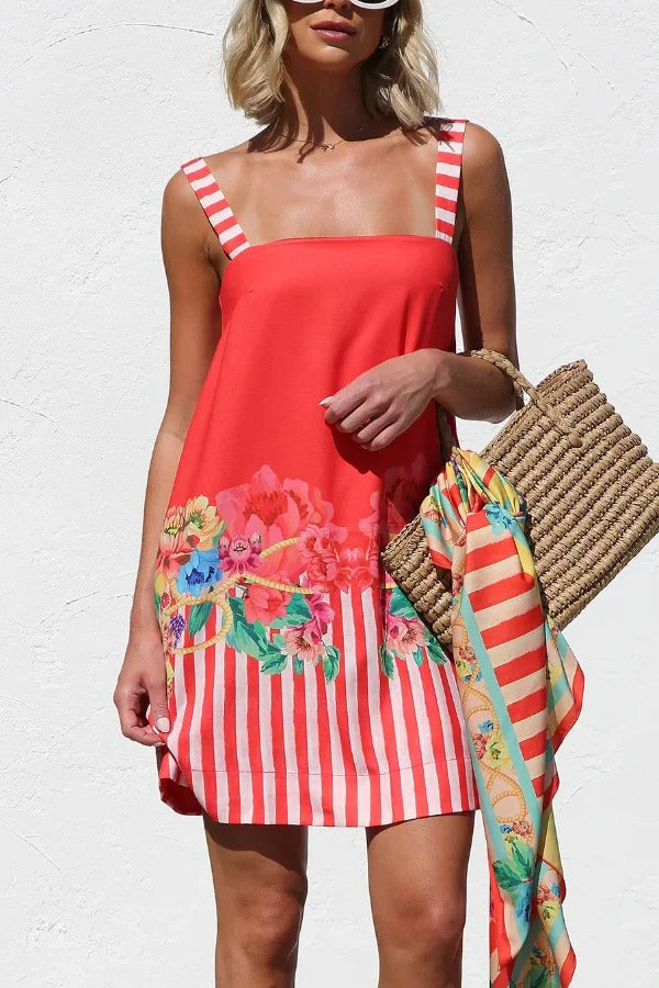 Floral Striped Print Square Neck Backless Loose Mini Dress
