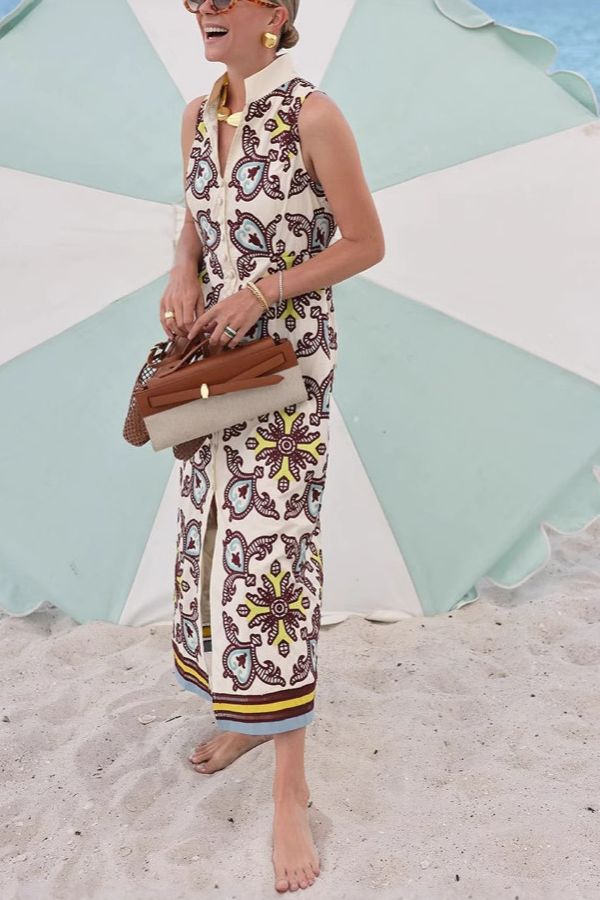 Unique Print Sleeveless Button Resort Midi Dress