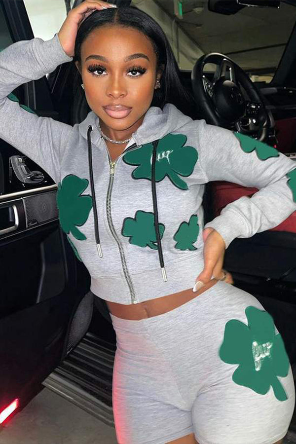 Four-Leaf Clover Printed Zipper Hoodie Jackets With Sports Shorts Set