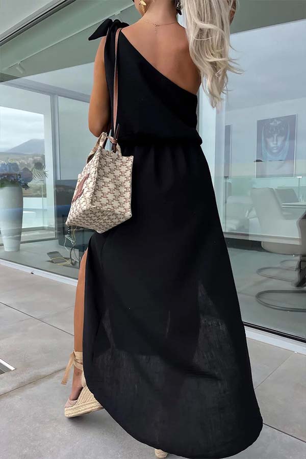 Casual Solid Bandage Oblique Collar Sleeveless Dress Dresses