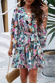 Printed V-neck lantern sleeve fitted waist dress