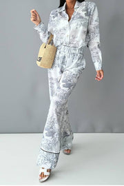 Retro Print Shirt Collar Long Sleeve Wide-Leg Pants Two-Piece Set
