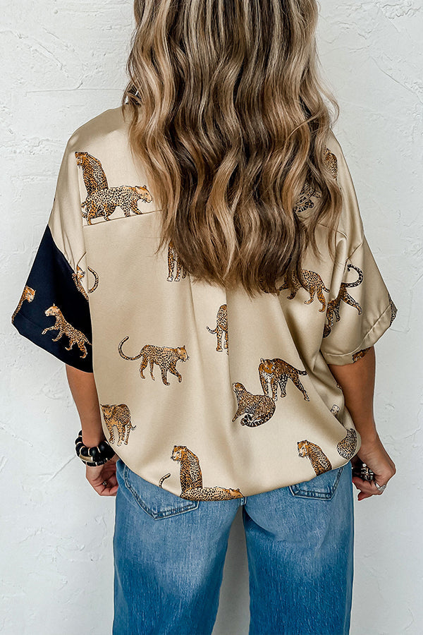 Catch You Later Cheetah Satin Color Block Blouse