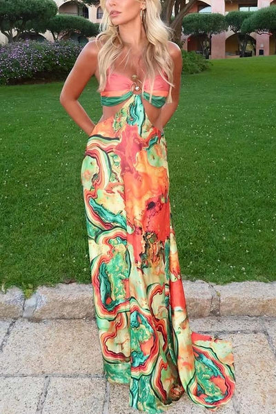 Volcanic Magma Printed Metal Decoration Cutout Back Tie-up Vacation Maxi Dress