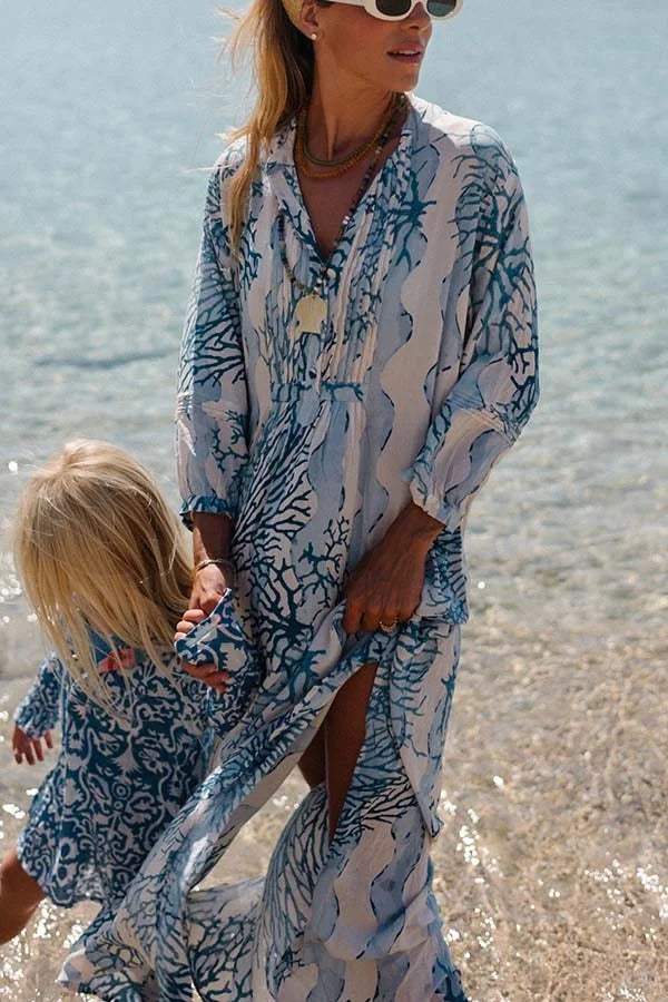 Quiet Sea Unique Print Pleated Neck Long Sleeve Slit Kaftan Maxi Dress