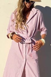 All-match Striped Button Up Half Sleeve Belted Pocket Shirt Midi Dress