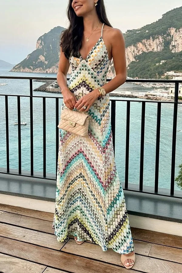 Missoni Summer Knit Colorful Herringbone Print Open Beck Maxi Dress