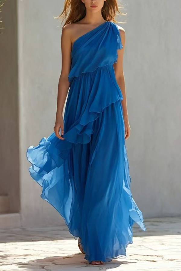 One Shoulder Ruffle Chiffon Maxi Dress