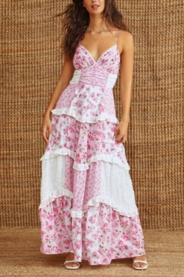Floral Patchwork Ruffle Cami Maxi Dress