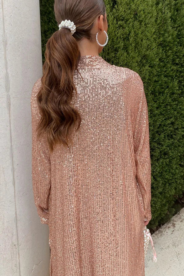 Shine Bright Sequin Long Sleeve Open Front Drape Midi Kimono