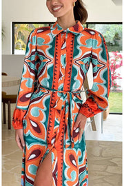 COLLARED BUTTON UP LONG BALLOON SLEEVE MAXI DRESS