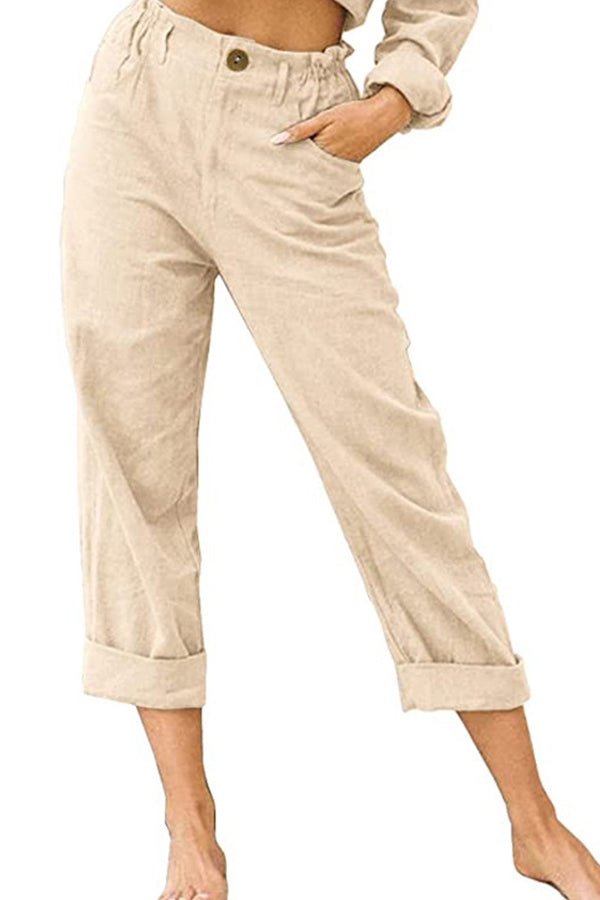 Solid color cotton and linen fashionable loose high waist casual pants