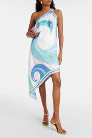 On Island Satin Unique Print One Shoulder Irregular Hem Vacation Midi Dress
