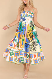 Joyful Glow Goddess Linen Blend Unique Print Pocketed Smocked Back Midi Dress