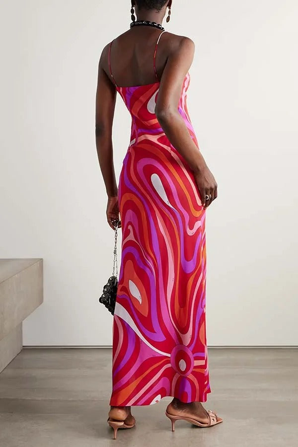 Sunny Horizon Unique Print V-neck Slit Slip Maxi Dress