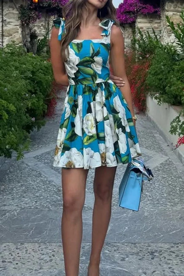 Fresh and Romantic Floral Print Square Neck Knotted Straps Mini Dress