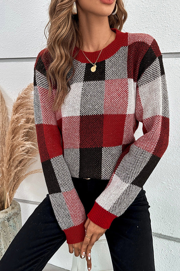 Color block plaid round neck pullover sweater