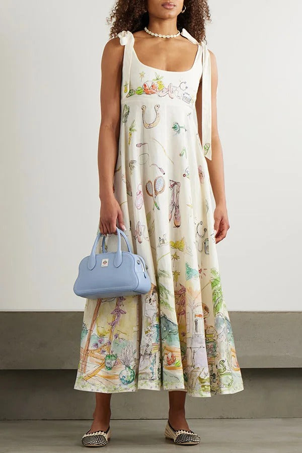 Euro Summer View Linen Blend Unique Print Tie-up Straps Pocket Midi Dress