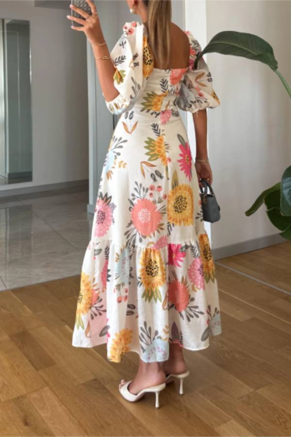 Square Neck Floral Print Puff Sleeve Midi Dress