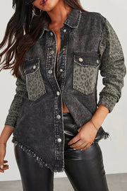 Adisse Contrast Leopard Print Pocket Button Denim Coat