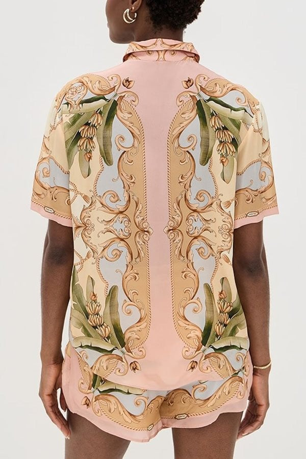 Royalty Unique Print Button Up Short Sleeve Shirt and Elastic Waist Pocketed Loose Shorts Set