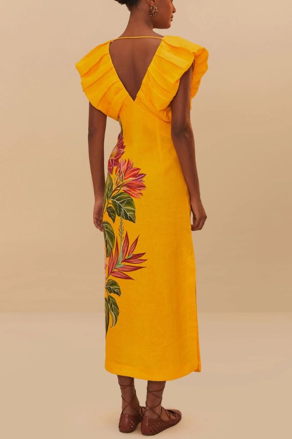 Plant Print V-neck Open Back Holiday Style Slit Midi Dress