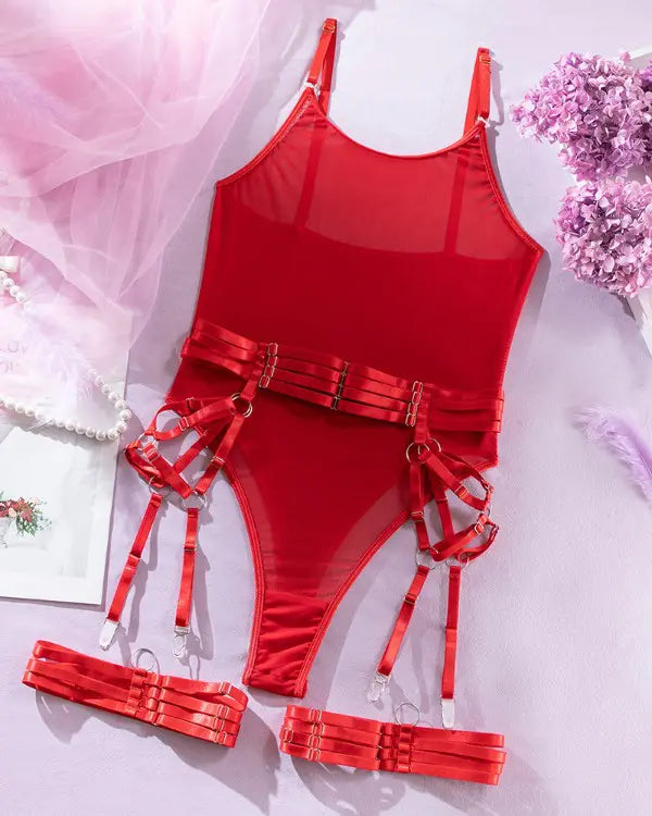Sheer Mesh Backless Garter Harness Teddy