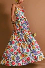 Garden Wedding Floral Print Back Tie-up Pocketed Slit Maxi Dress