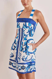 Summer Linen Blend Unique Print Wide Strap Pocket Mini Dress