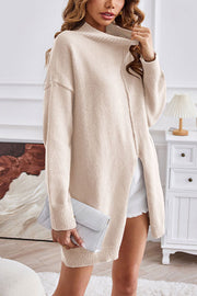 Solid color half turtleneck pullover sweater fashionable mid-length slit dress