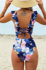 Elegant Sunny Flower Ruffled Lace-Back One Piece Swimsuit