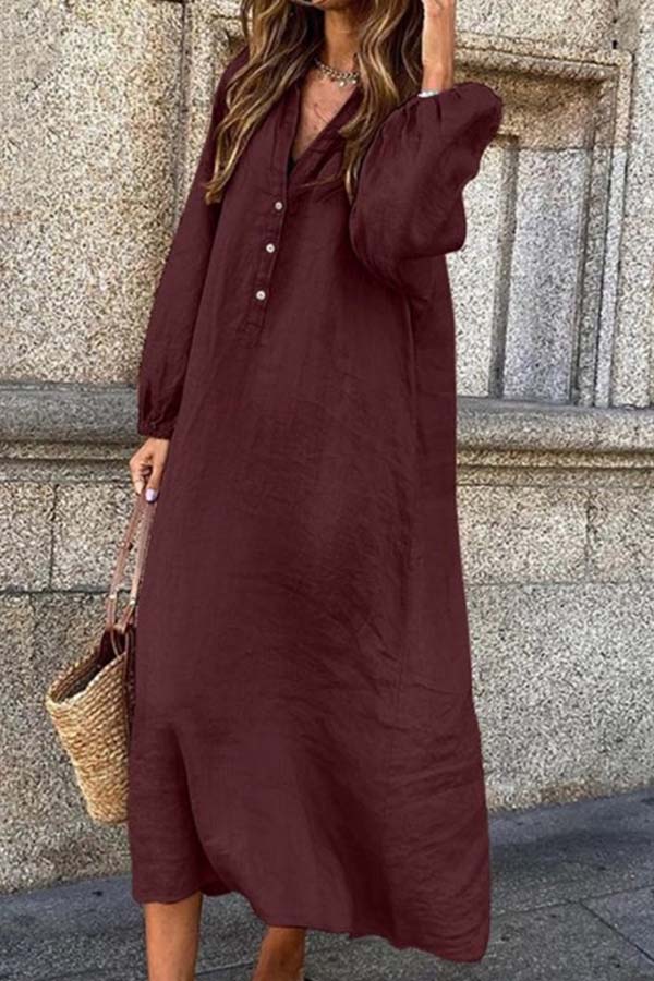 Cotton linen solid color long-sleeved V-neck button long jumpsuit