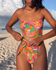 Printed bandeau one-piece swimsuit