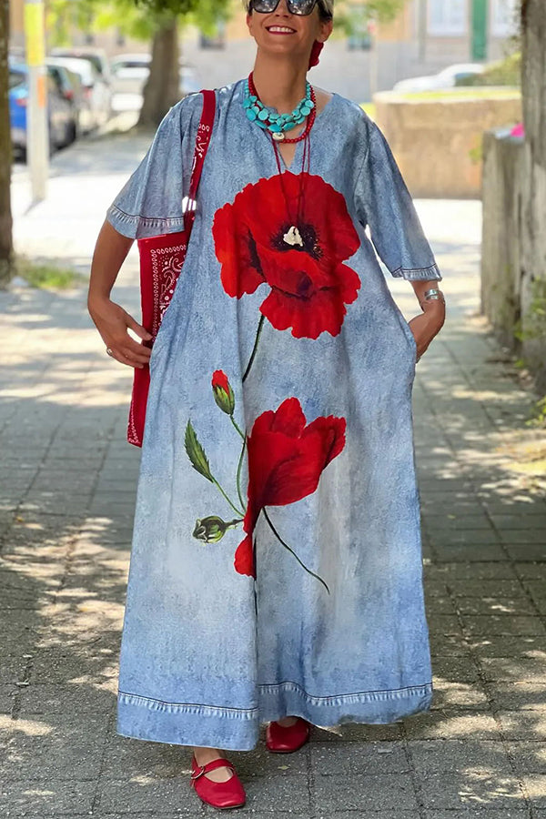 Poppy Imitation Denim Fabric Printed Bell Sleeve Pocketed Loose Maxi Dress