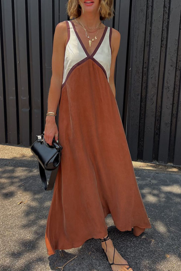 Chic V-neck Contrasting Color Dress