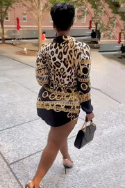 LEOPARD PRINT TURNDOWN COLLAR LONG SLEEVE BODYCON BLOUSE MINI DRESSES