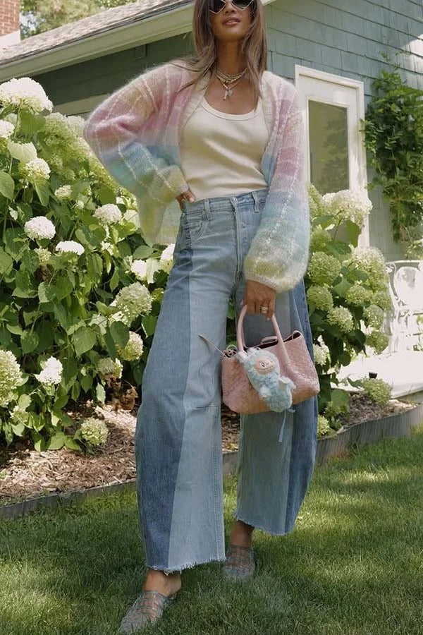 Palette Day Knit Color Blocks Open Front Balloon Sleeve Loose Cardigan