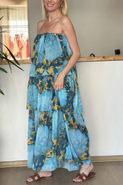 Cecily Contrast Floral Print Tiered Ruffles Strapless Maxi Dress