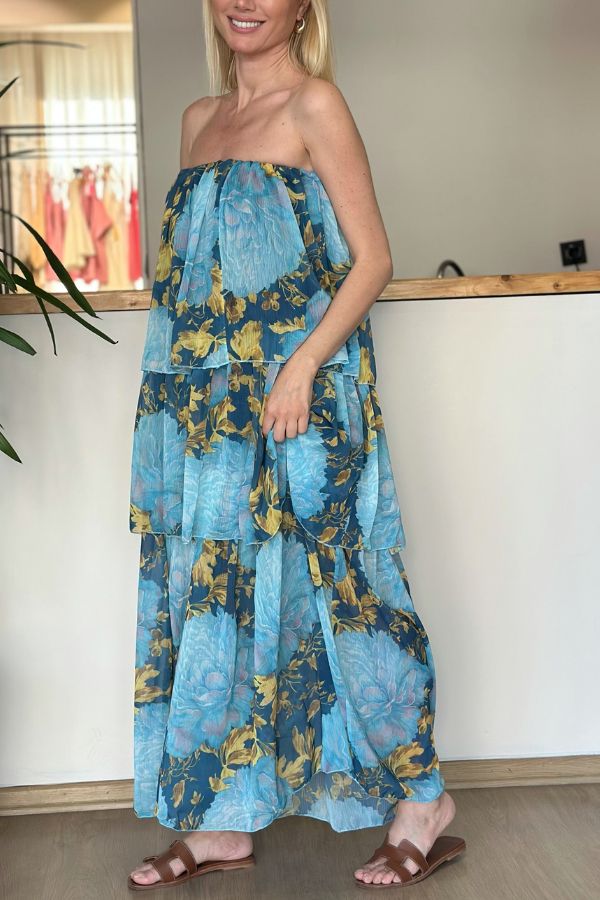 Cecily Contrast Floral Print Tiered Ruffles Strapless Maxi Dress