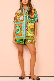 Disco Daisy Unique Printed Colorblock Button Oversized Shorts Set