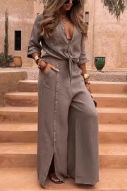 Solid Color Lapel Casual Button-down Shirt and Loose Pocket Slit Wide-leg Pants Set