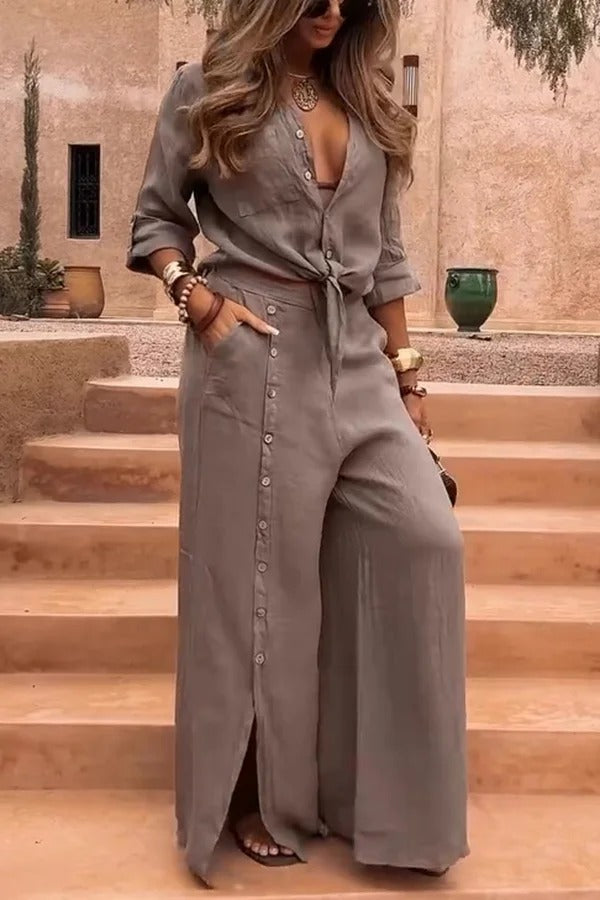 Solid Color Lapel Casual Button-down Shirt and Loose Pocket Slit Wide-leg Pants Set