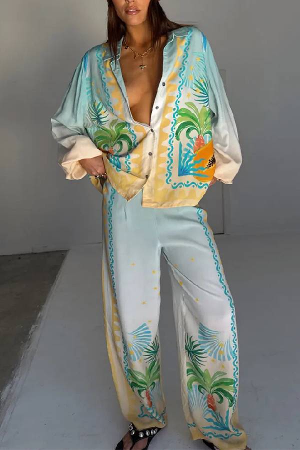 See You in Rio Tropical Fruits Print Button Long Sleeve Loose Blouse