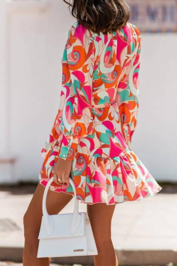 V-neck tie-up printed ruffle dress